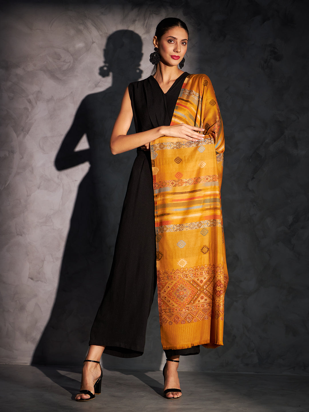 Jamawar Woollen Woven Shawl for Women in Kullu Stripes | Mustard