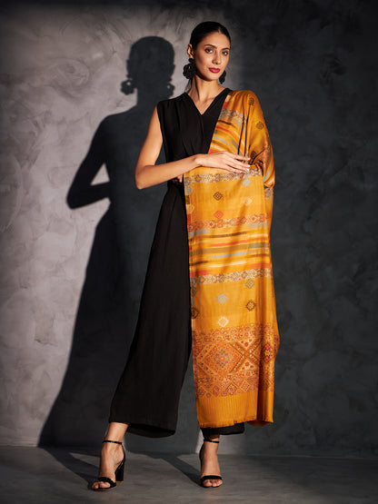 Jamawar Woollen Woven Shawl for Women in Kullu Stripes | Mustard