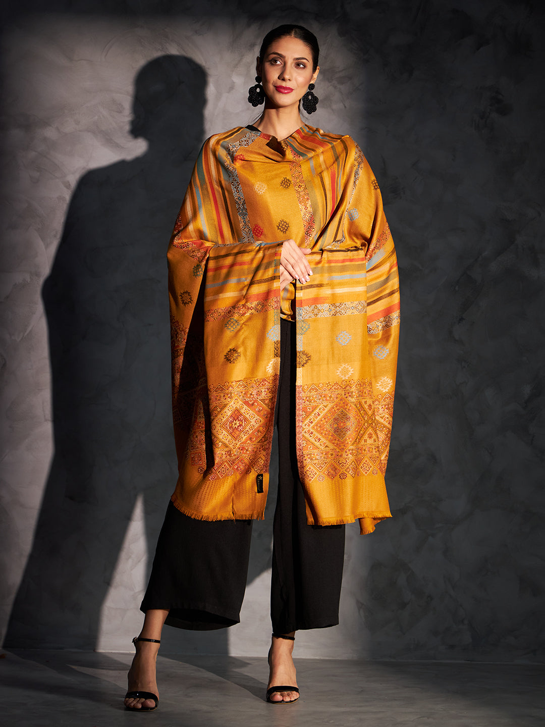 Jamawar Woollen Woven Shawl for Women in Kullu Stripes | Mustard