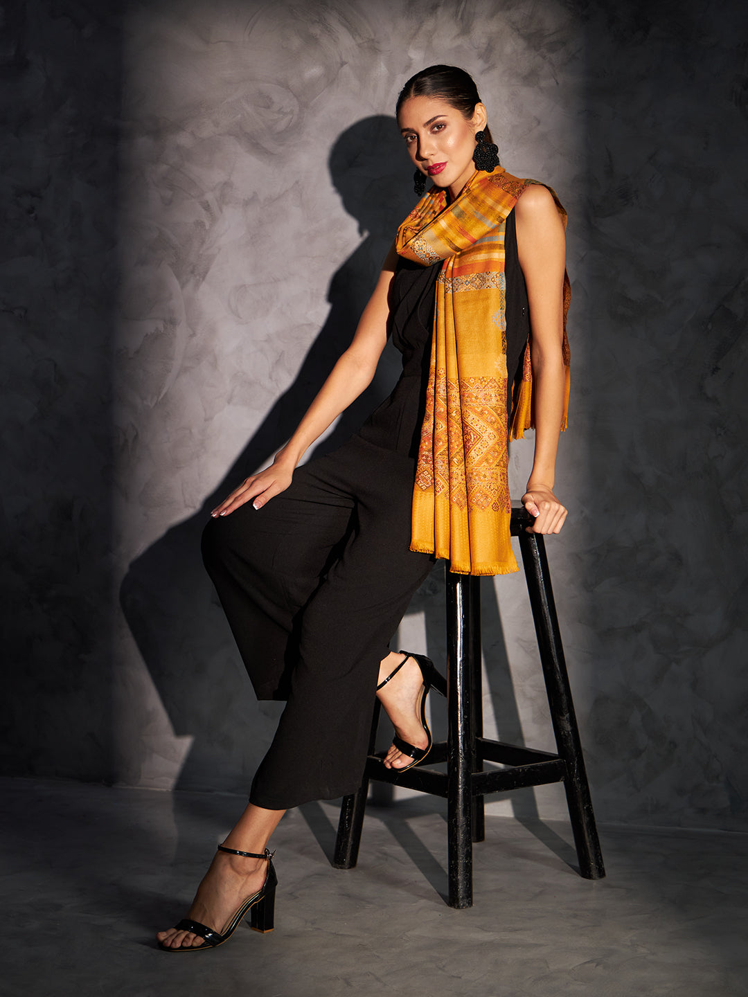 Jamawar Woollen Woven Shawl for Women in Kullu Stripes | Mustard