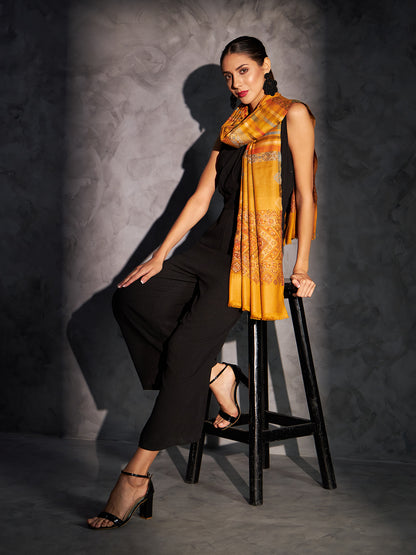 Jamawar Woollen Woven Shawl for Women in Kullu Stripes | Mustard