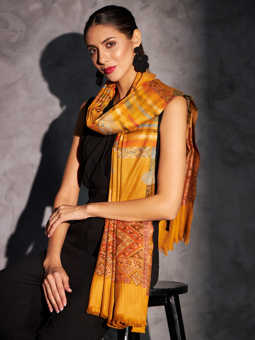 Jamawar Woollen Woven Shawl for Women in Kullu Stripes | Mustard