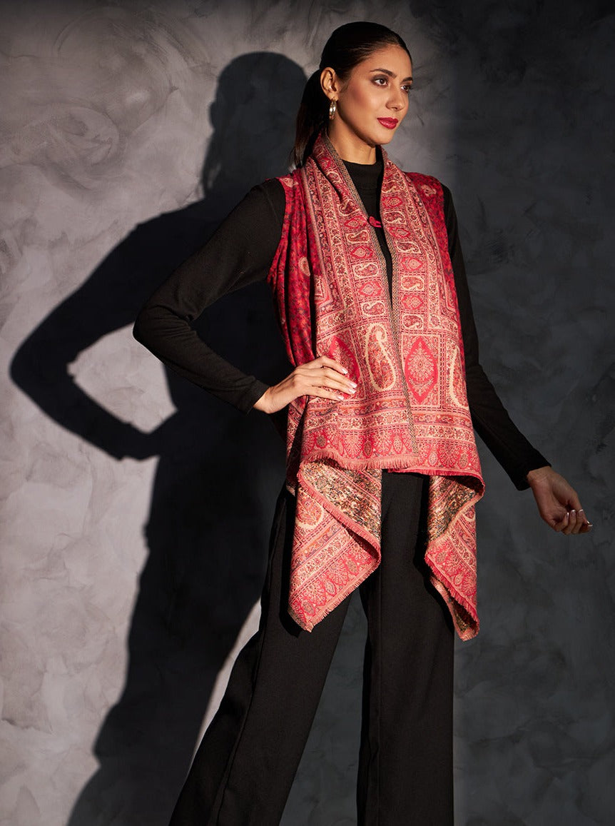 Women's Royal Woven Cape Shrug with Paisley Pattern | Magenta
