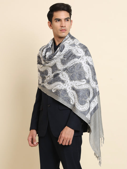 Woollen Pashmina Feel Stole in Silk Embroidery for Men | Grey