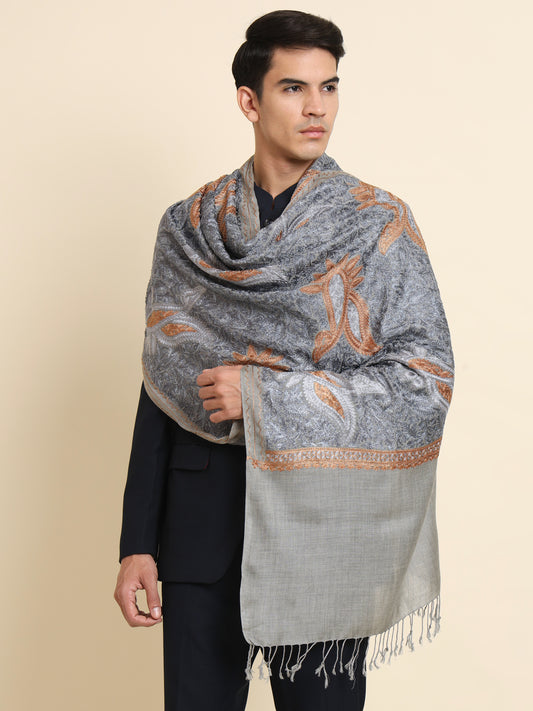 Woollen Pashmina Feel Stole in Silk Embroidery for Men | Grey