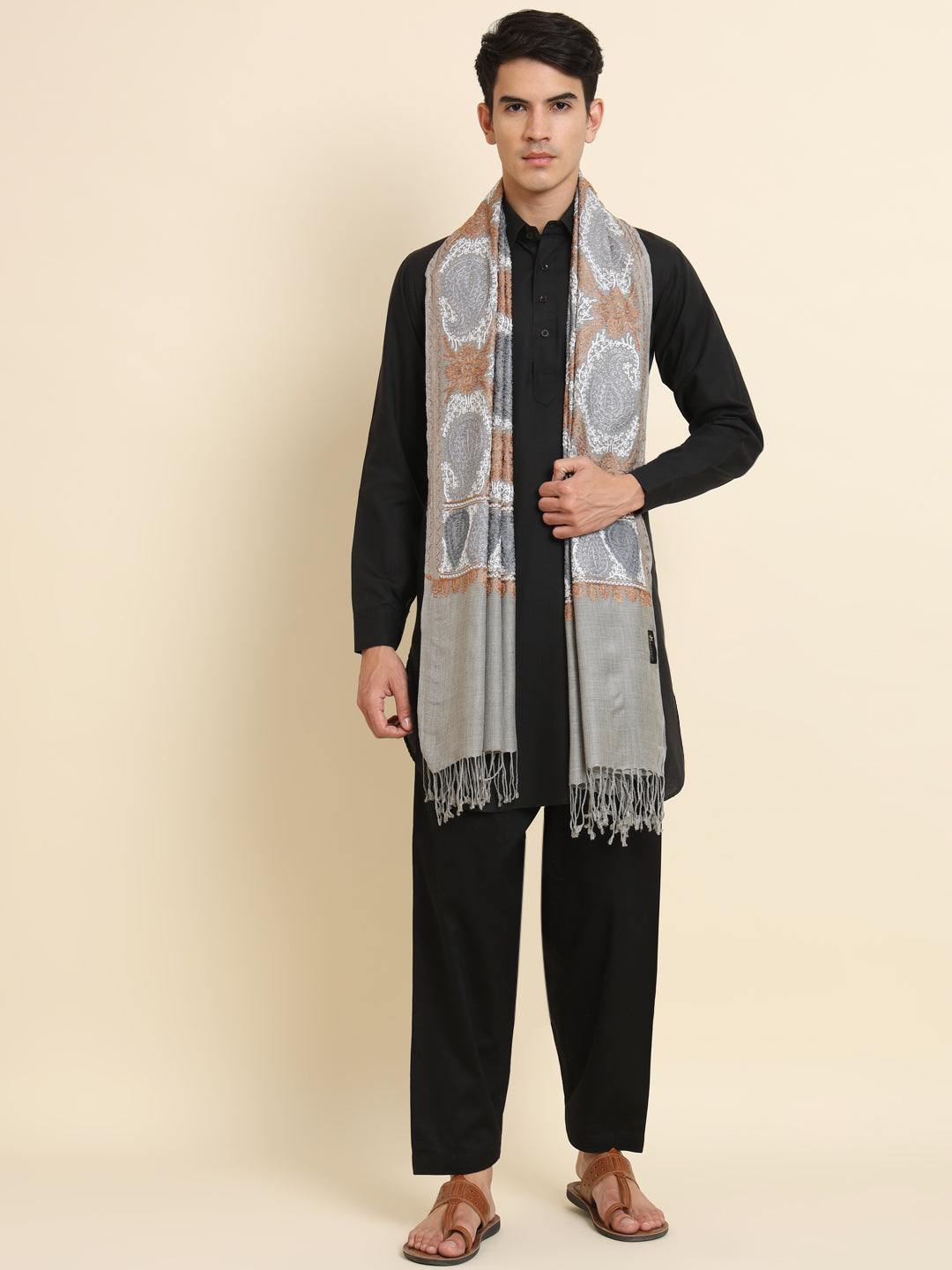 Woollen Pashmina Feel Royal Stole in Silk Embroidery Dense Jaal for Men | Grey