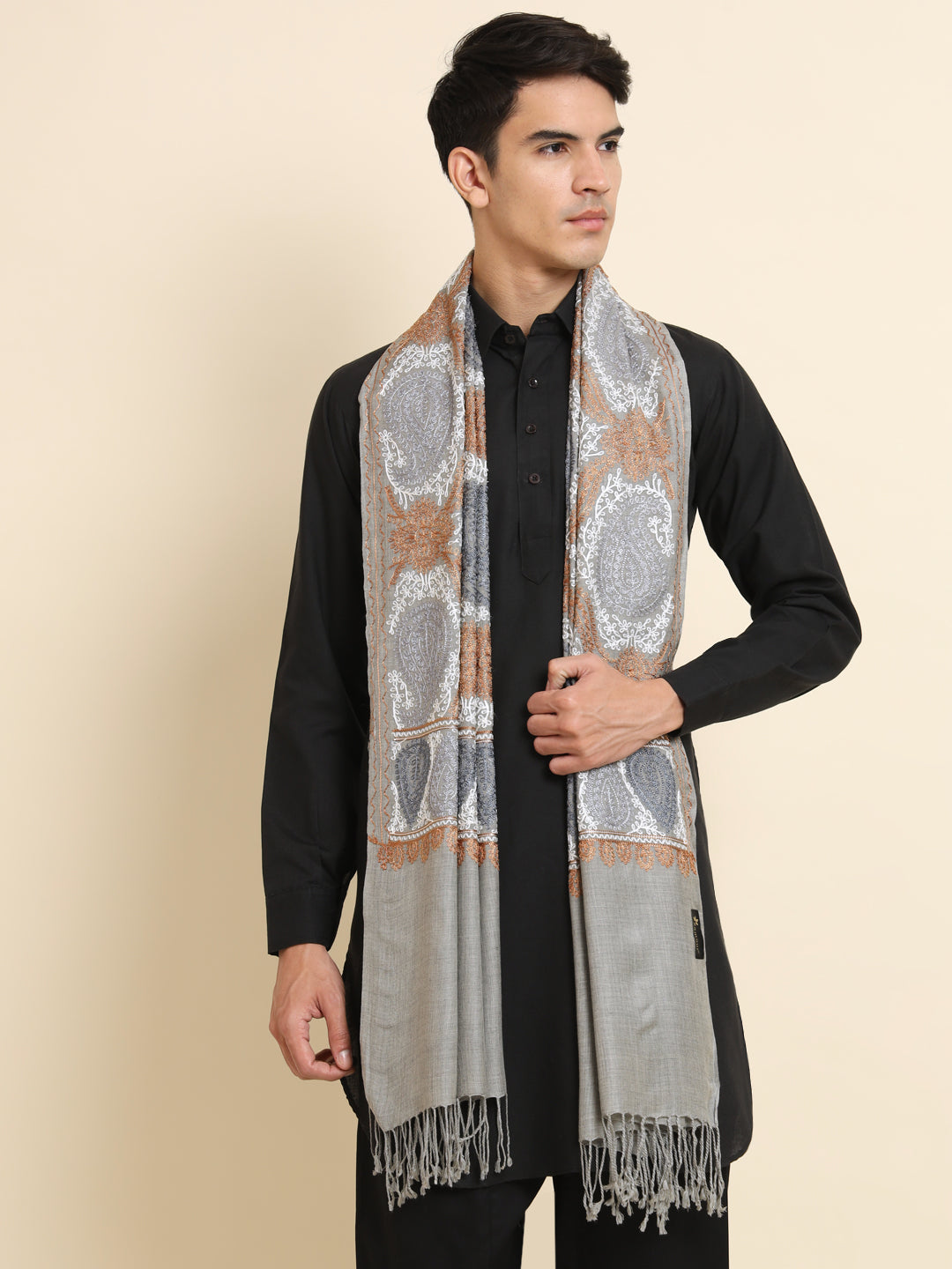 Woollen Pashmina Feel Royal Stole in Silk Embroidery Dense Jaal for Men | Grey
