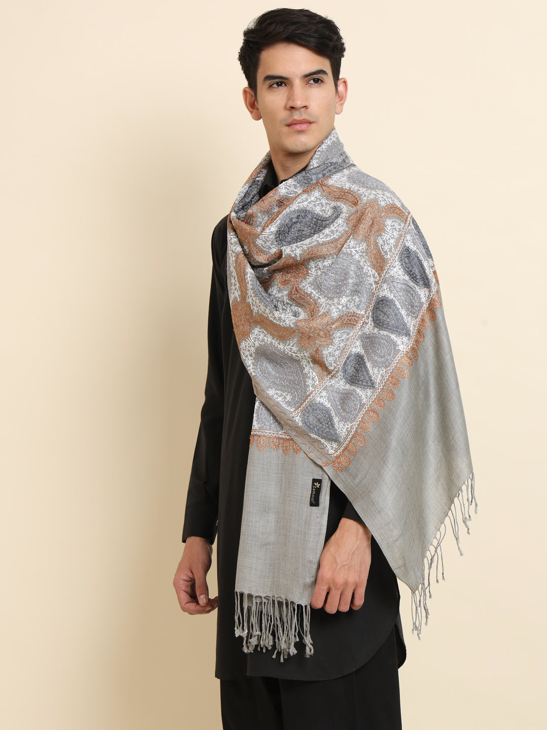 Woollen Pashmina Feel Royal Stole in Silk Embroidery Dense Jaal for Men | Grey