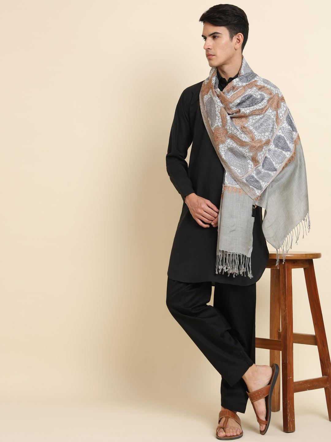 Woollen Pashmina Feel Royal Stole in Silk Embroidery Dense Jaal for Men | Grey