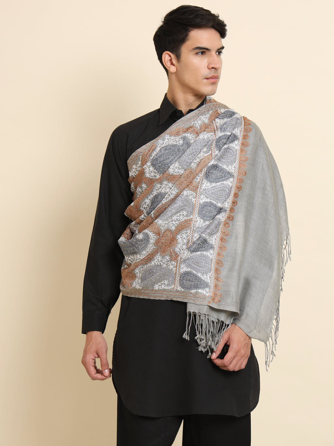 Woollen Pashmina Feel Royal Stole in Silk Embroidery Dense Jaal for Men | Grey