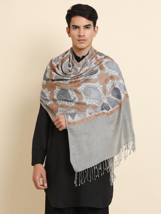 Woollen Pashmina Feel Royal Stole in Silk Embroidery Dense Jaal for Men | Grey