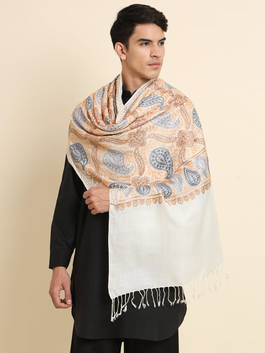 Woollen Pashmina Feel Royal Stole in Silk Embroidery Dense Jaal for Men | White