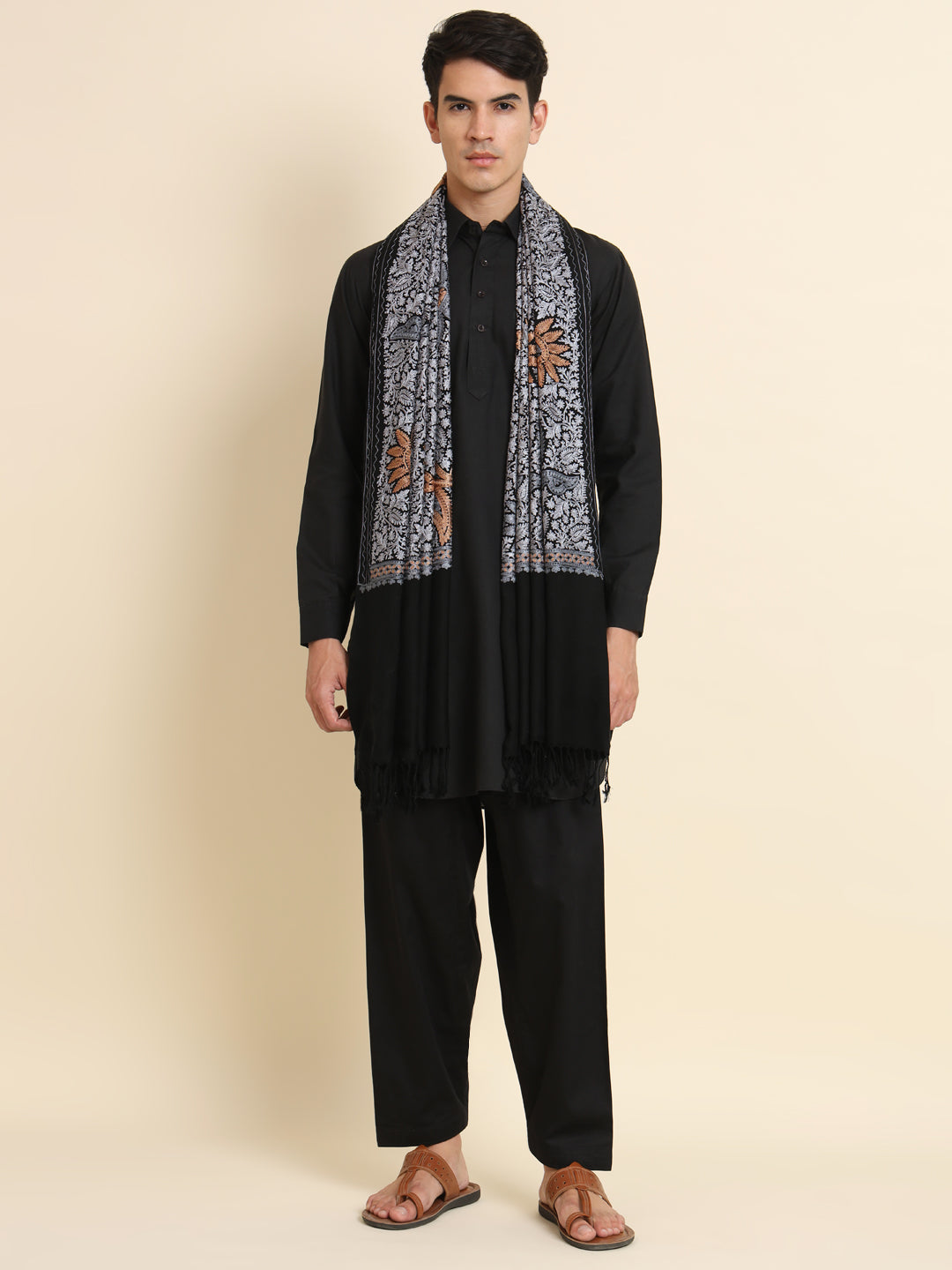 Woollen Pashmina Feel Stole in Silk Embroidery for Men | Black