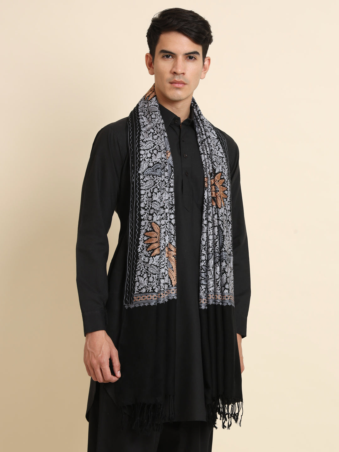Woollen Pashmina Feel Stole in Silk Embroidery for Men | Black