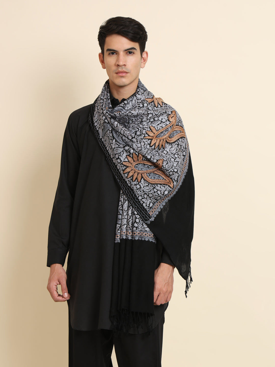 Woollen Pashmina Feel Stole in Silk Embroidery for Men | Black