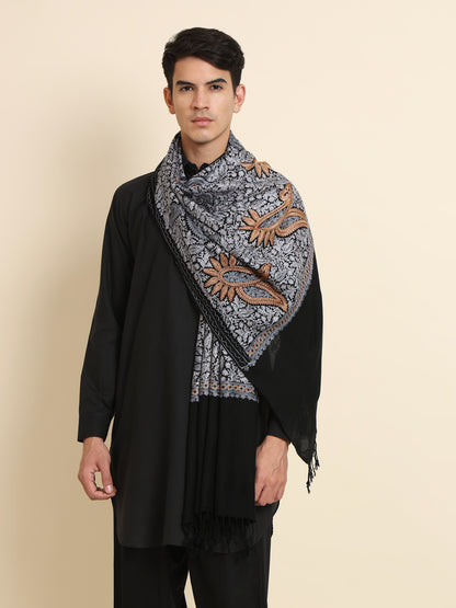Woollen Pashmina Feel Stole in Silk Embroidery for Men | Black