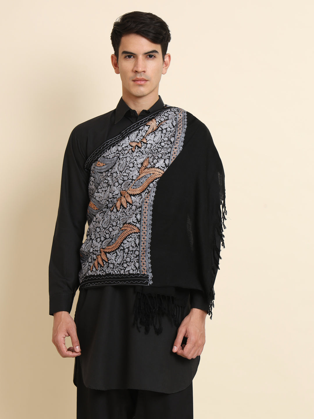 Woollen Pashmina Feel Stole in Silk Embroidery for Men | Black