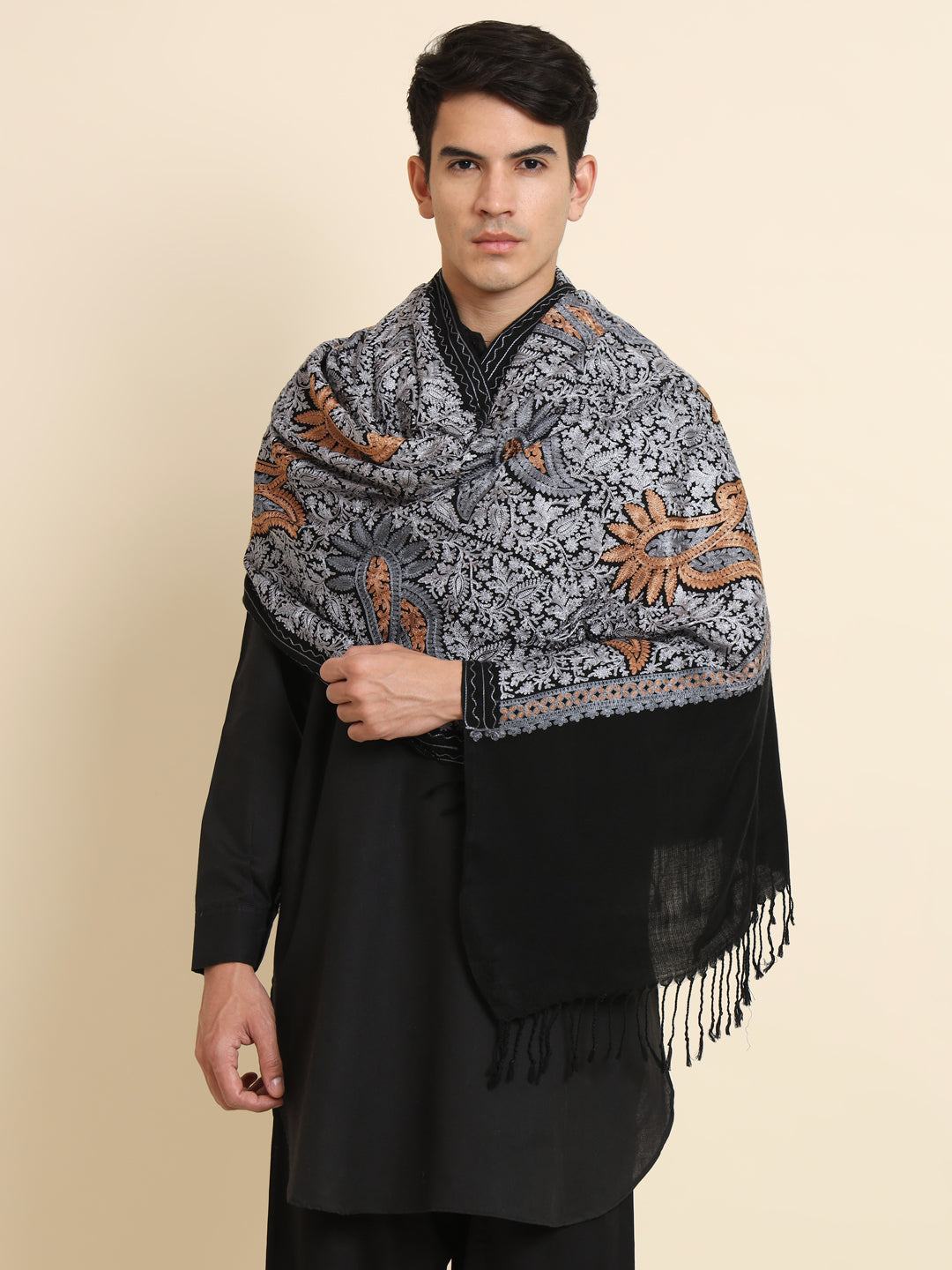 Woollen Pashmina Feel Stole in Silk Embroidery for Men | Black