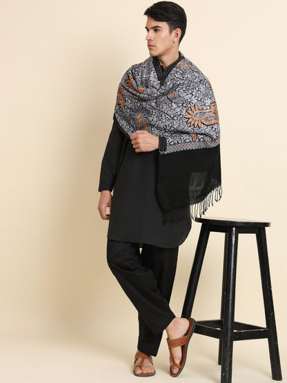 Woollen Pashmina Feel Stole in Silk Embroidery for Men | Black