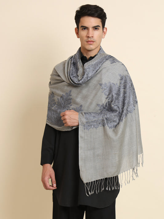 Woollen Pashmina Feel Stole in Silk Embroidery for Men | Grey