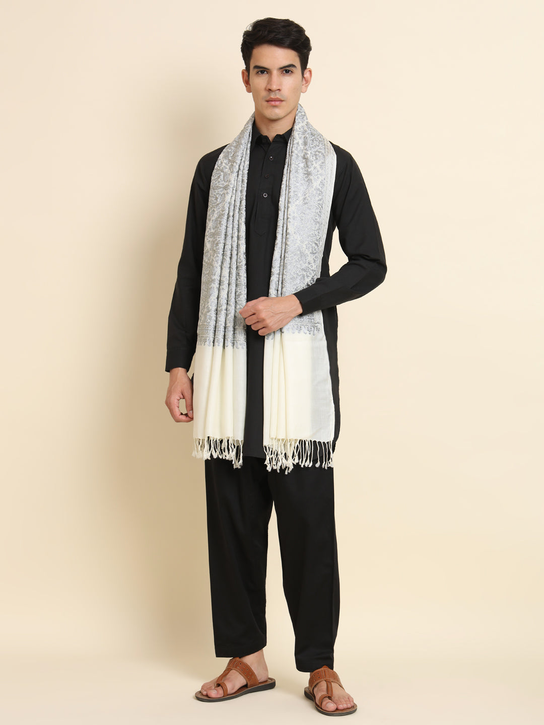Woollen Pashmina Feel Royal Stole in Silk Embroidery Dense Jaal for Men | White-Grey