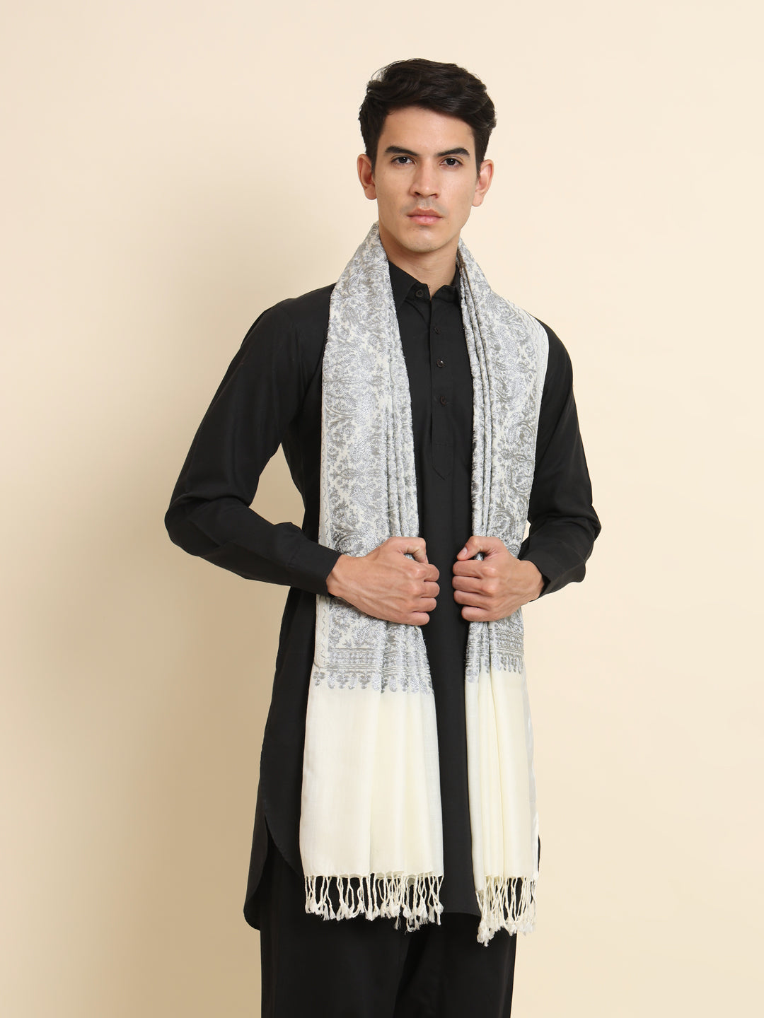 Woollen Pashmina Feel Royal Stole in Silk Embroidery Dense Jaal for Men | White-Grey
