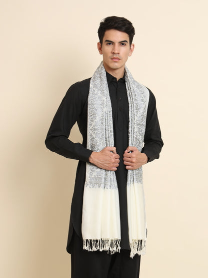 Woollen Pashmina Feel Royal Stole in Silk Embroidery Dense Jaal for Men | White-Grey