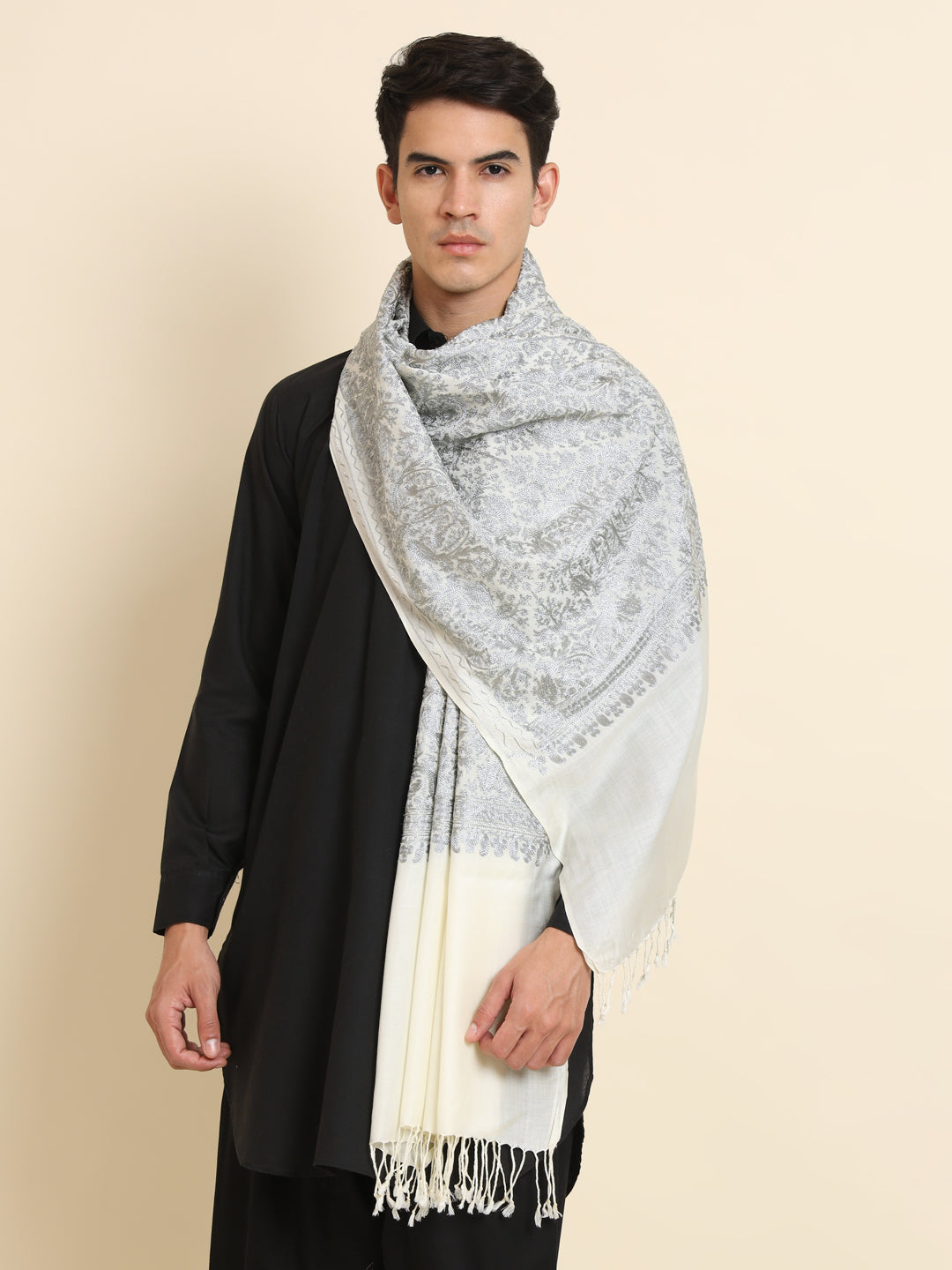 Woollen Pashmina Feel Royal Stole in Silk Embroidery Dense Jaal for Men | White-Grey