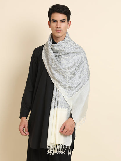 Woollen Pashmina Feel Royal Stole in Silk Embroidery Dense Jaal for Men | White-Grey