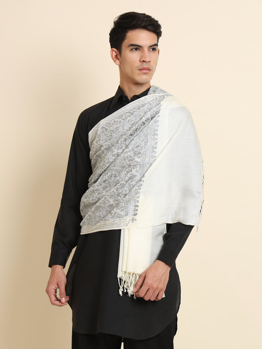 Woollen Pashmina Feel Royal Stole in Silk Embroidery Dense Jaal for Men | White-Grey