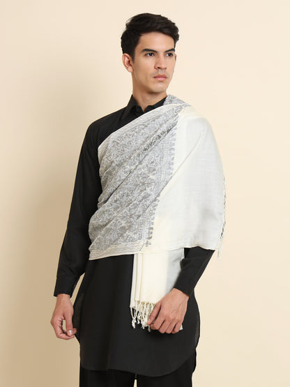 Woollen Pashmina Feel Royal Stole in Silk Embroidery Dense Jaal for Men | White-Grey