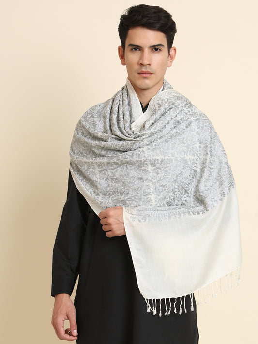 Woollen Pashmina Feel Royal Stole in Silk Embroidery Dense Jaal for Men | White-Grey