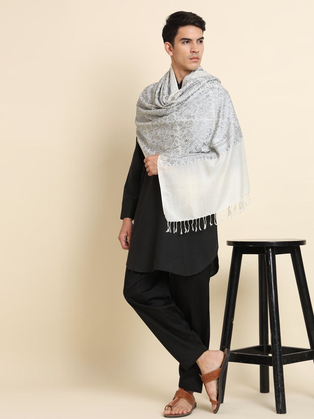 Woollen Pashmina Feel Royal Stole in Silk Embroidery Dense Jaal for Men | White-Grey