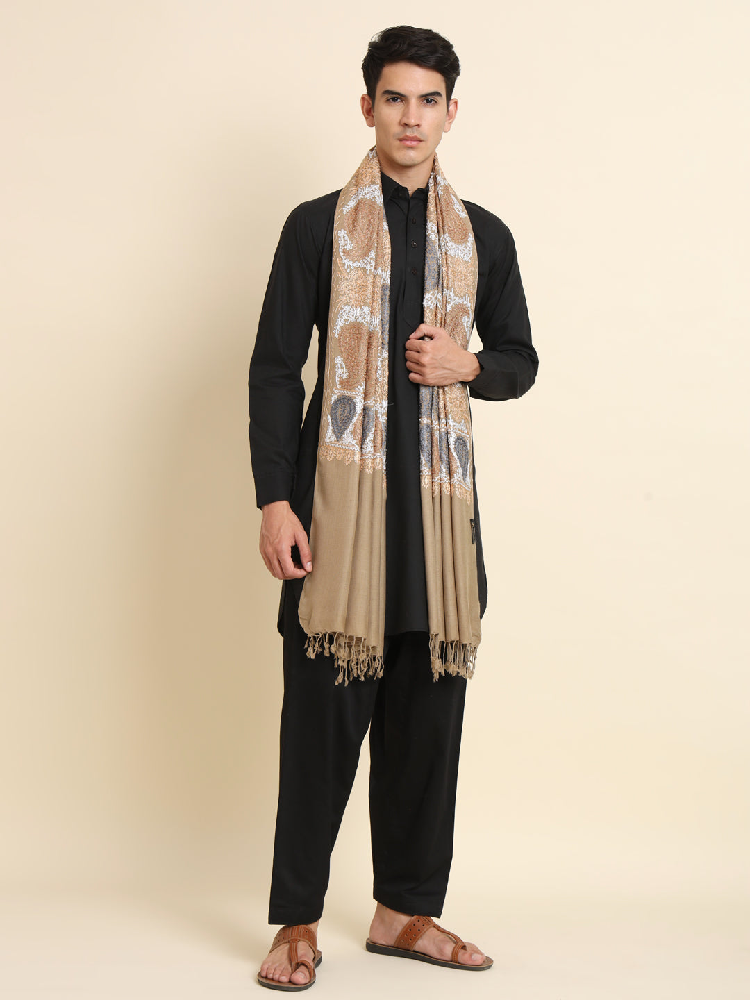 Woollen Pashmina Feel Royal Stole in Silk Embroidery Dense Jaal for Men | Brown