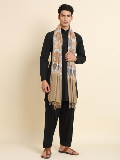 Woollen Pashmina Feel Royal Stole in Silk Embroidery Dense Jaal for Men | Brown