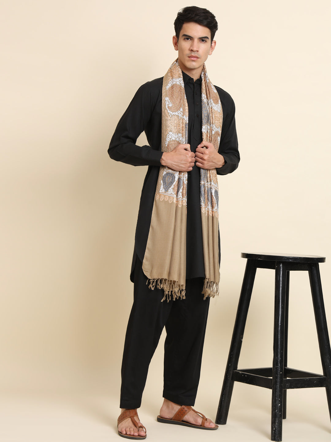 Woollen Pashmina Feel Royal Stole in Silk Embroidery Dense Jaal for Men | Brown