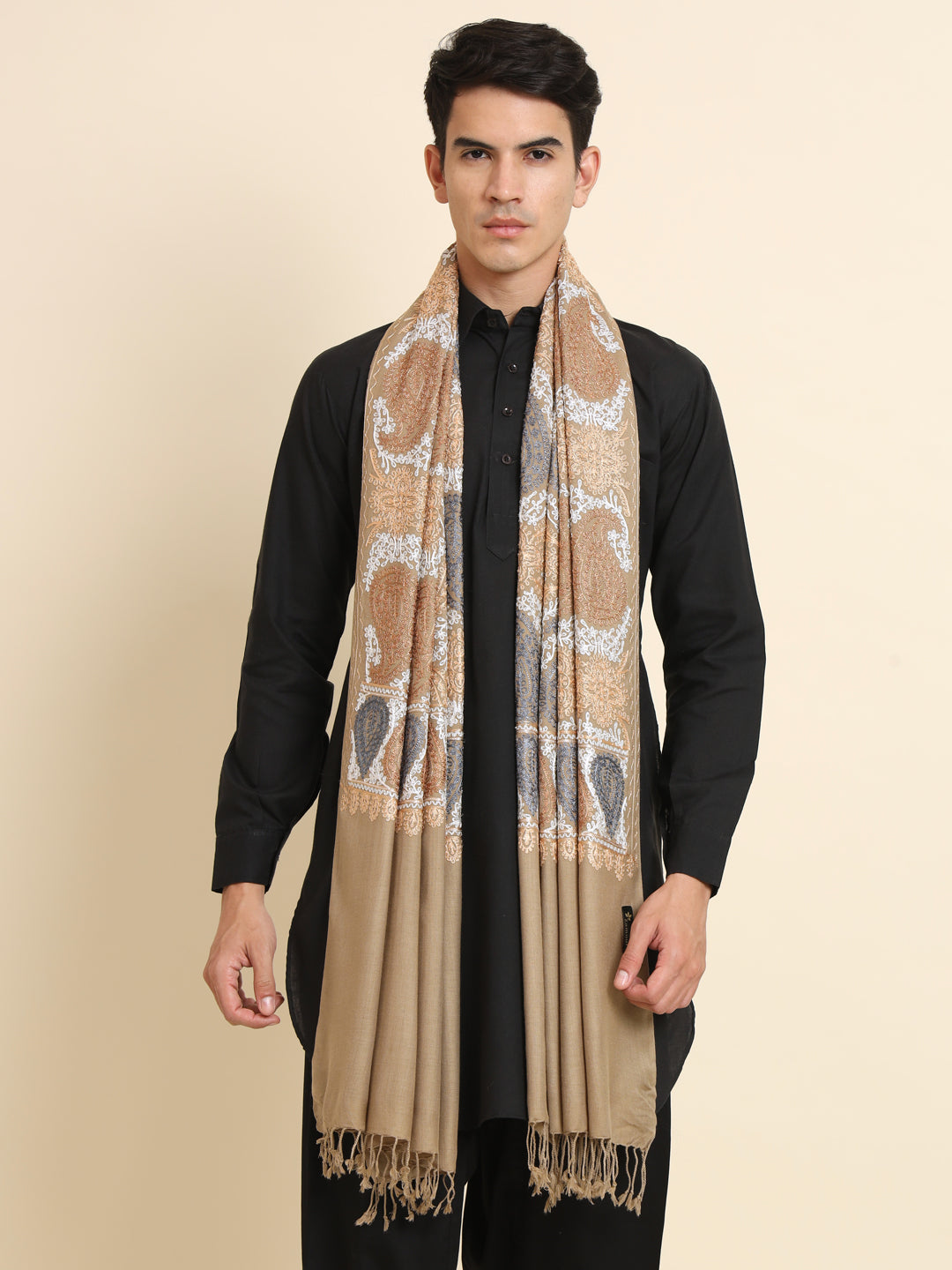 Woollen Pashmina Feel Royal Stole in Silk Embroidery Dense Jaal for Men | Brown