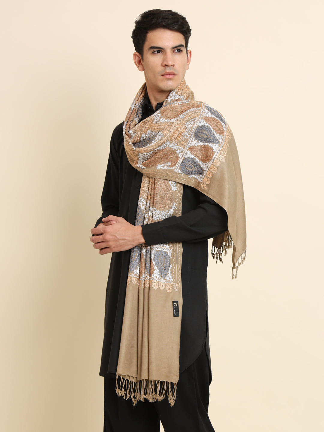 Woollen Pashmina Feel Royal Stole in Silk Embroidery Dense Jaal for Men | Brown