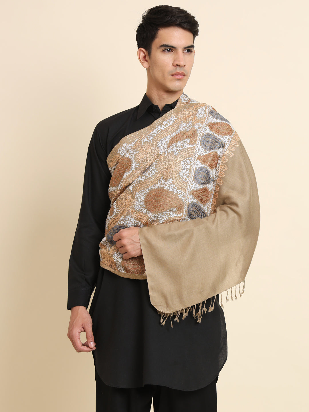 Woollen Pashmina Feel Royal Stole in Silk Embroidery Dense Jaal for Men | Brown