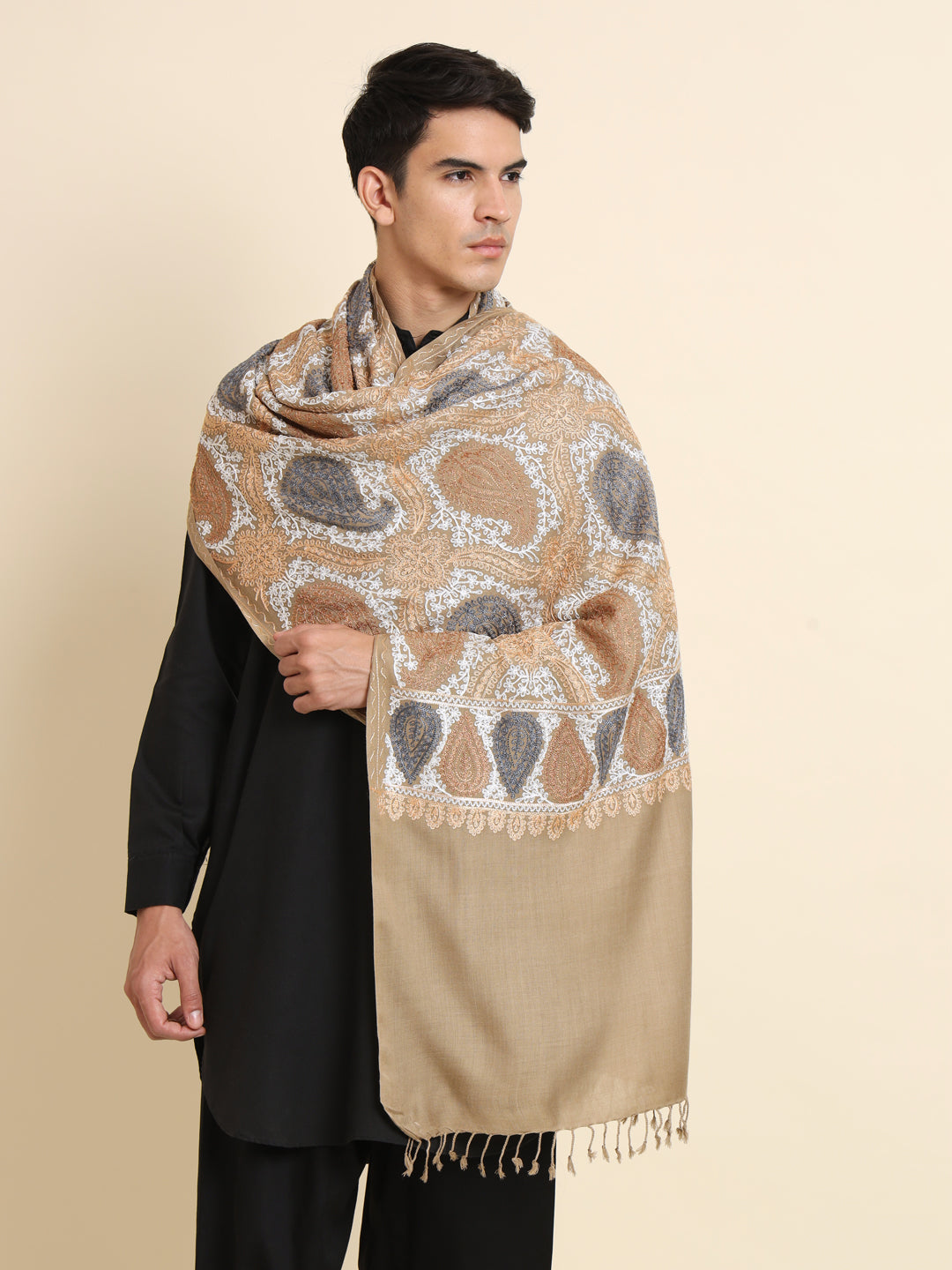 Woollen Pashmina Feel Royal Stole in Silk Embroidery Dense Jaal for Men | Brown