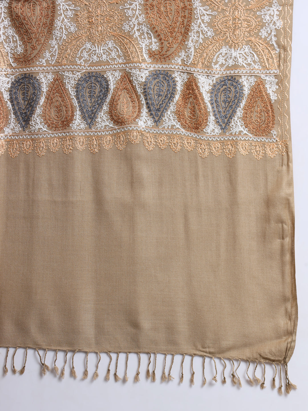 Woollen Pashmina Feel Royal Stole in Silk Embroidery Dense Jaal for Men | Brown
