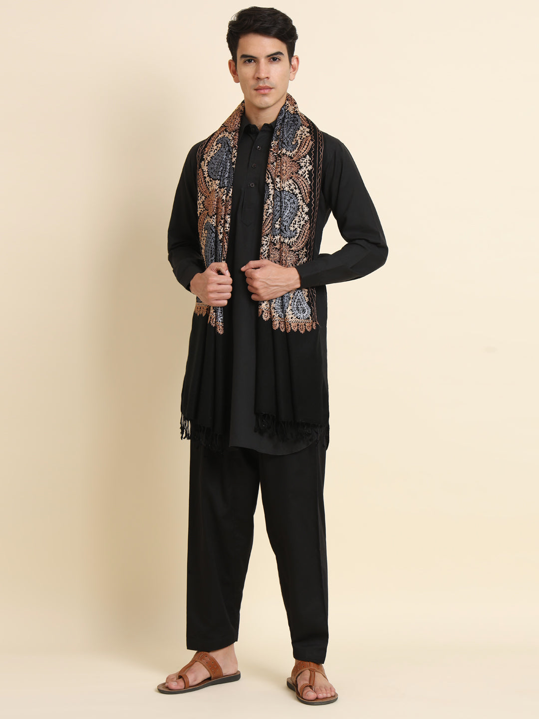 Woollen Pashmina Feel Royal Stole in Silk Embroidery Dense Jaal for Men | Black