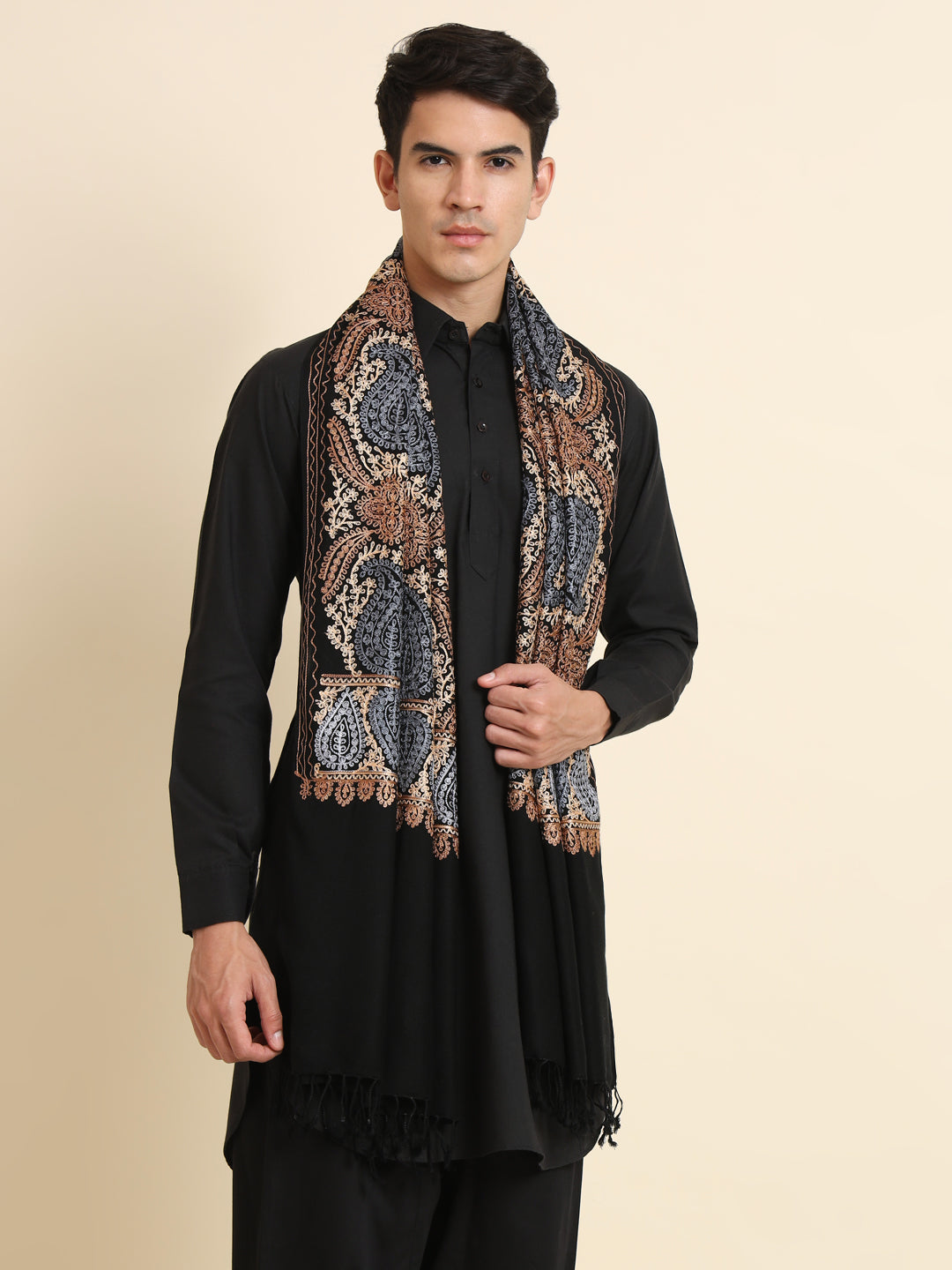 Woollen Pashmina Feel Royal Stole in Silk Embroidery Dense Jaal for Men | Black