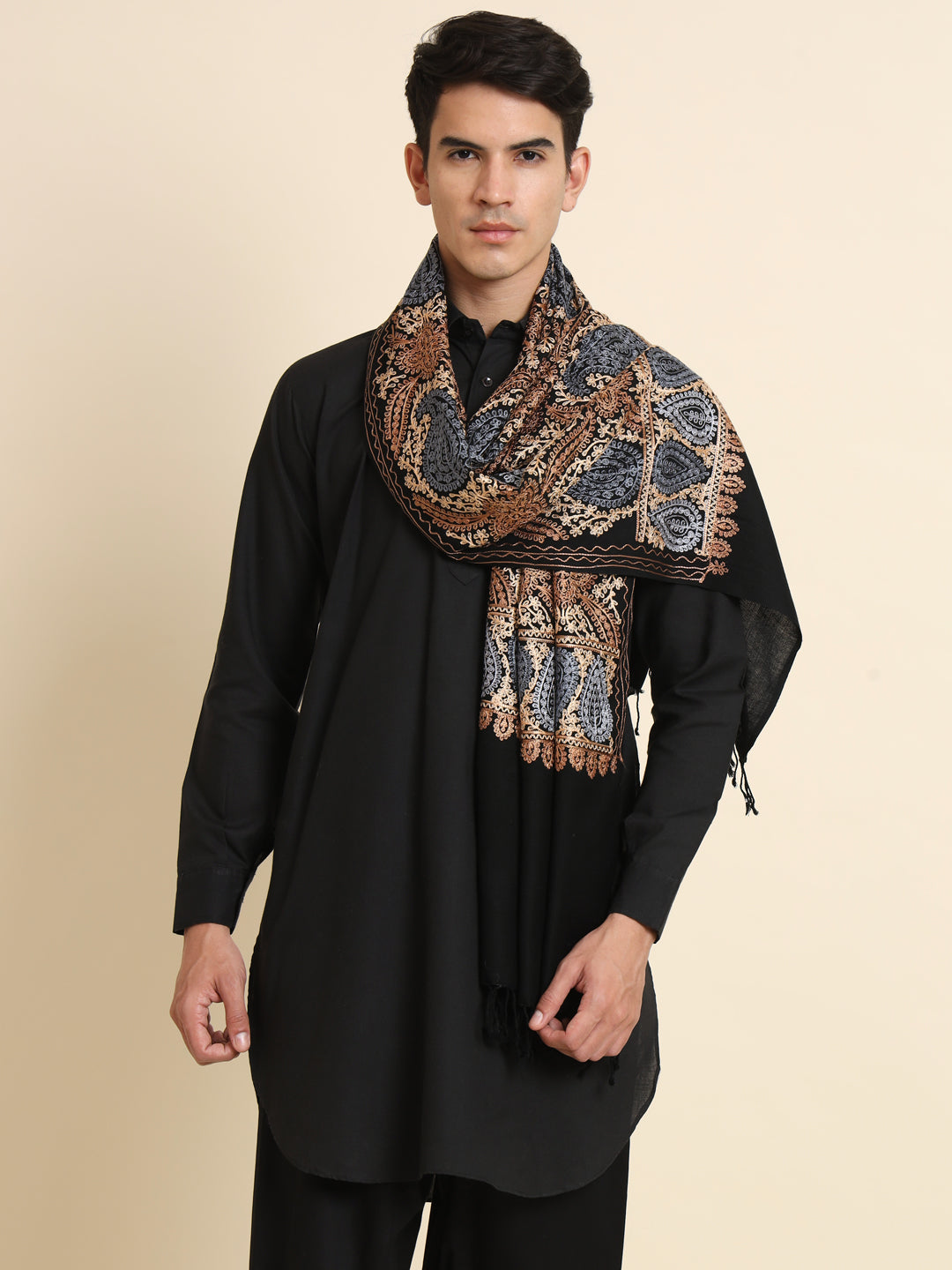 Woollen Pashmina Feel Royal Stole in Silk Embroidery Dense Jaal for Men | Black