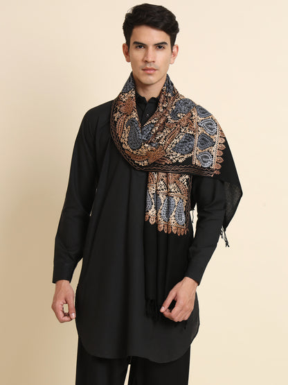 Woollen Pashmina Feel Royal Stole in Silk Embroidery Dense Jaal for Men | Black