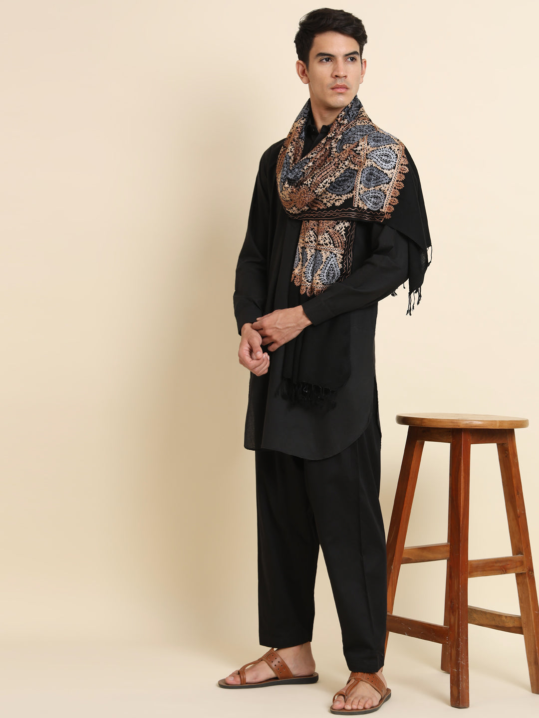 Woollen Pashmina Feel Royal Stole in Silk Embroidery Dense Jaal for Men | Black