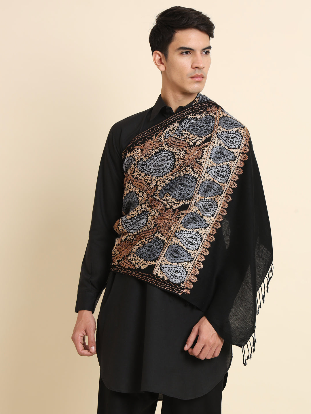 Woollen Pashmina Feel Royal Stole in Silk Embroidery Dense Jaal for Men | Black