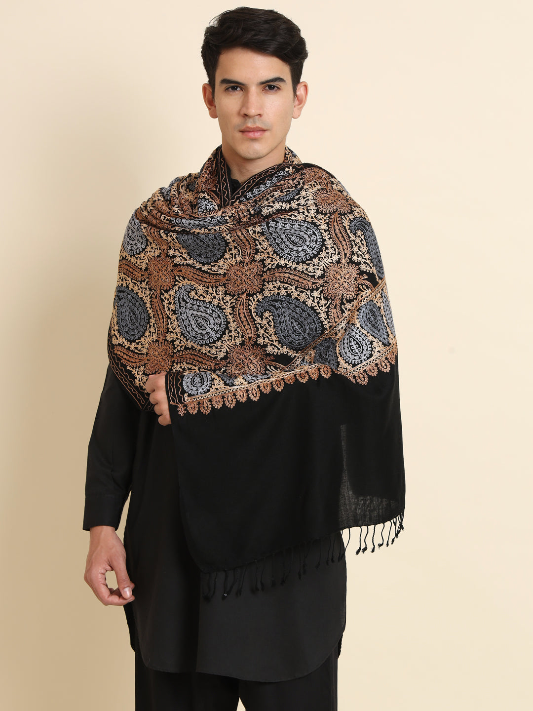Woollen Pashmina Feel Royal Stole in Silk Embroidery Dense Jaal for Men | Black