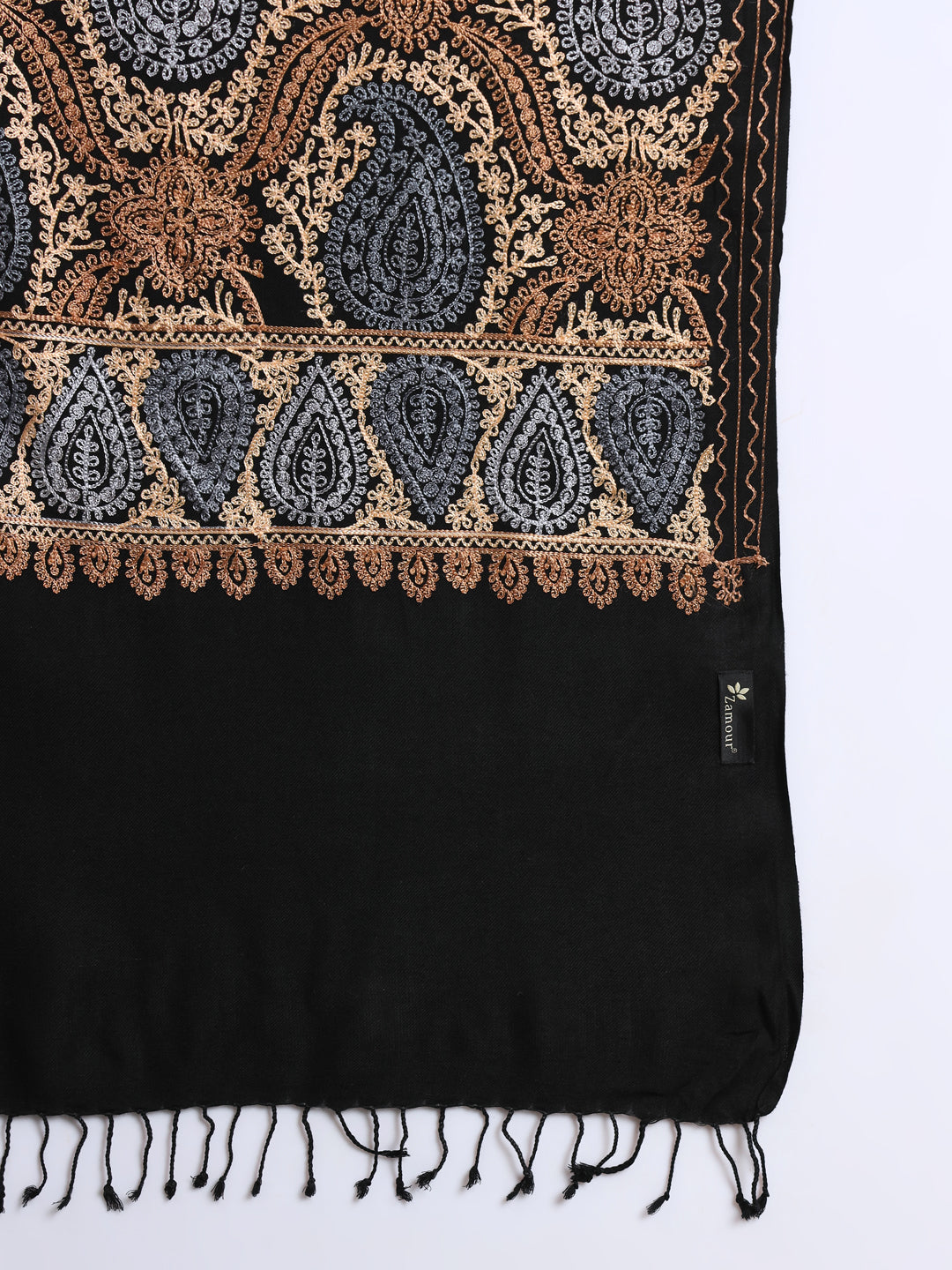 Woollen Pashmina Feel Royal Stole in Silk Embroidery Dense Jaal for Men | Black