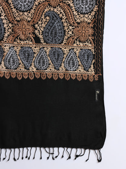 Woollen Pashmina Feel Royal Stole in Silk Embroidery Dense Jaal for Men | Black